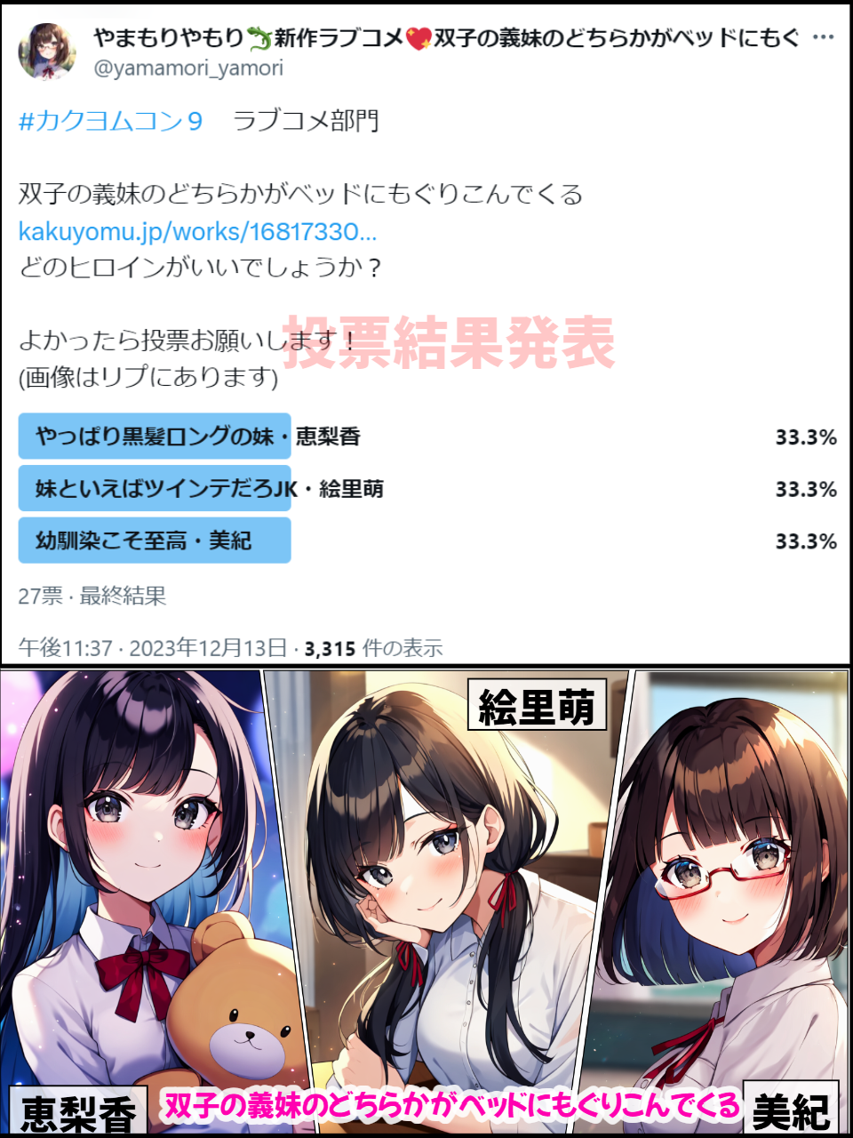 双子の義妹 第17話更新です！ あと、ヒロイン投票結果発表／やまもり 
